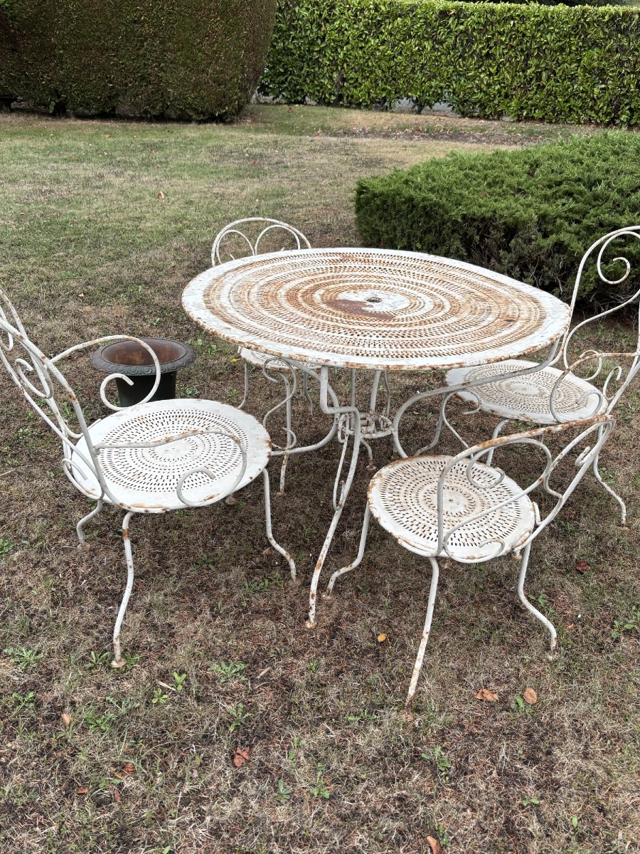 Antique Wrought-iron Garden Set, Circa 1900: 2 Armchairs, 2 Chairs, And A Table, Circa 1900 -photo-3