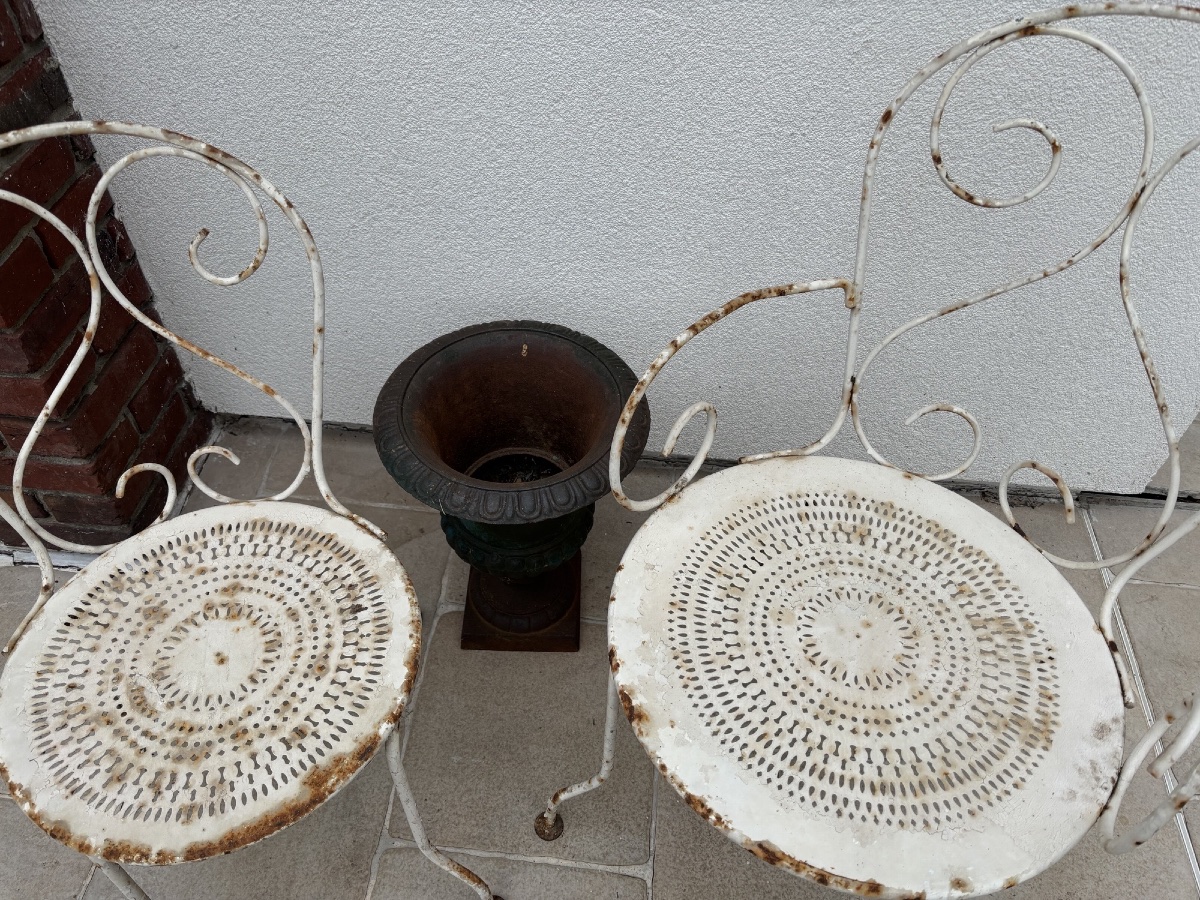 Antique Wrought-iron Garden Set, Circa 1900: 2 Armchairs, 2 Chairs, And A Table, Circa 1900 -photo-3