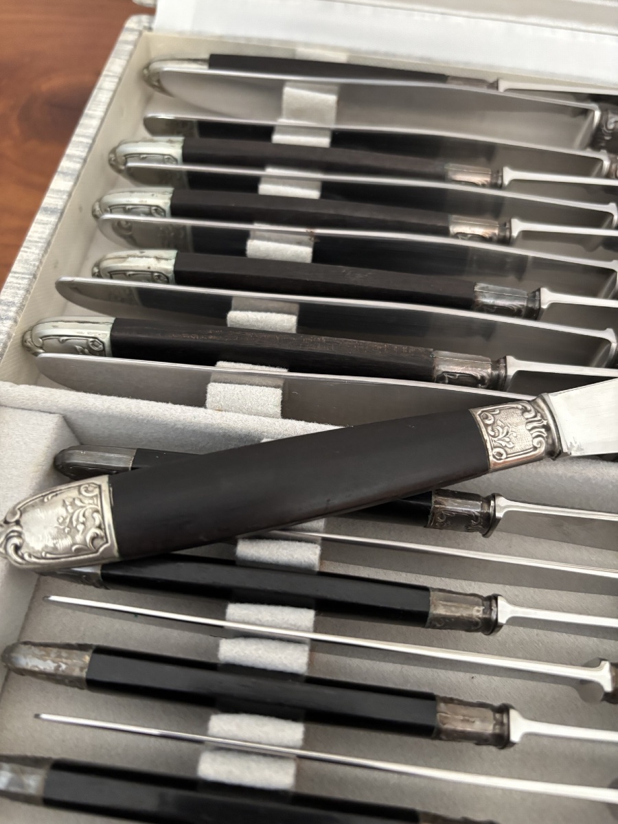 ANCIEN COFFRET DE 24 COUTEAUX avec MANCHE ÉBÈNE et VIROLE  ARGENT de chez LEPAGE à Rouen-photo-2