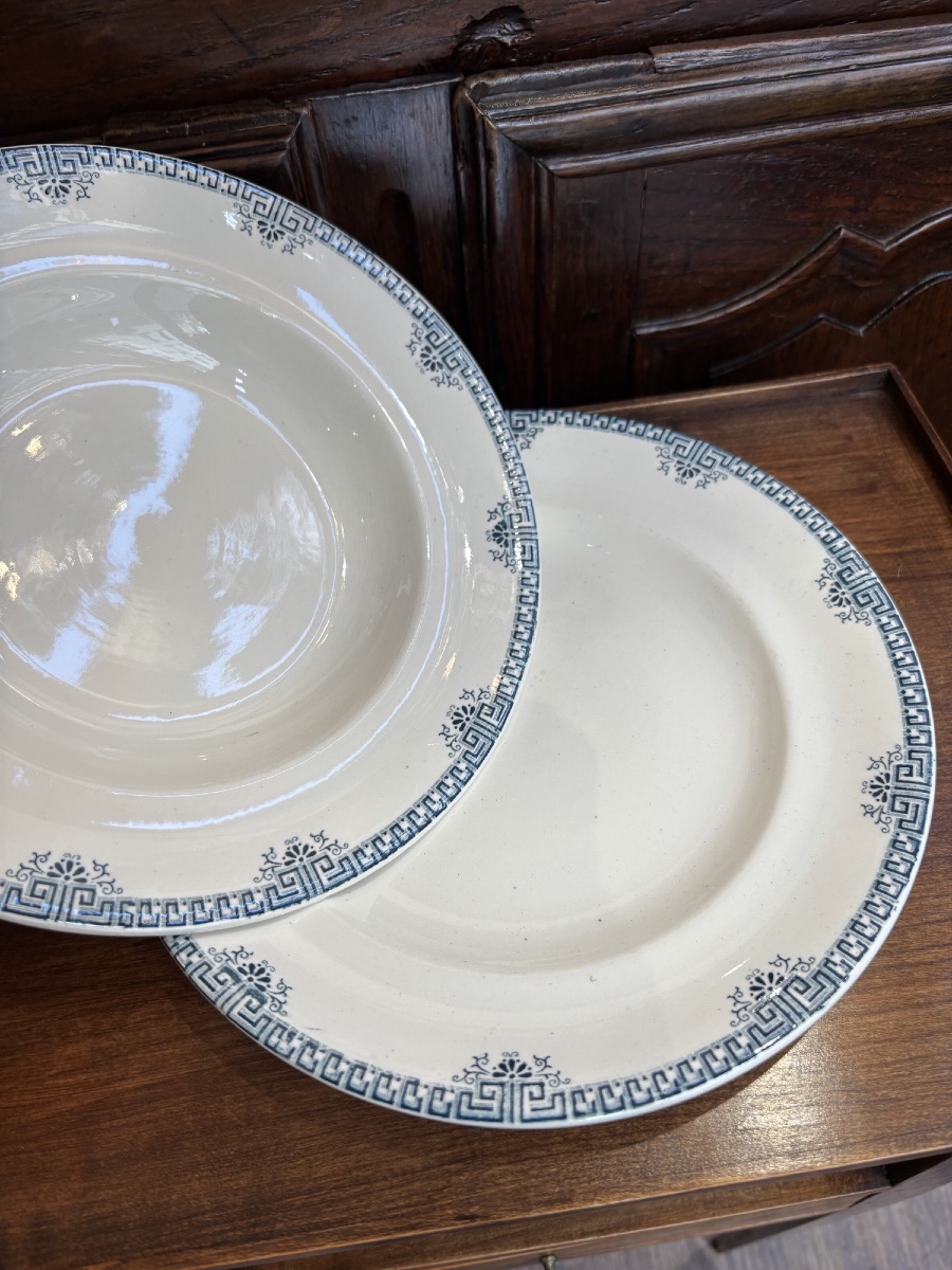 Set Of 6 Longwy Iron-glazed Soup Plates, "athens" Model, Circa 1900-photo-2