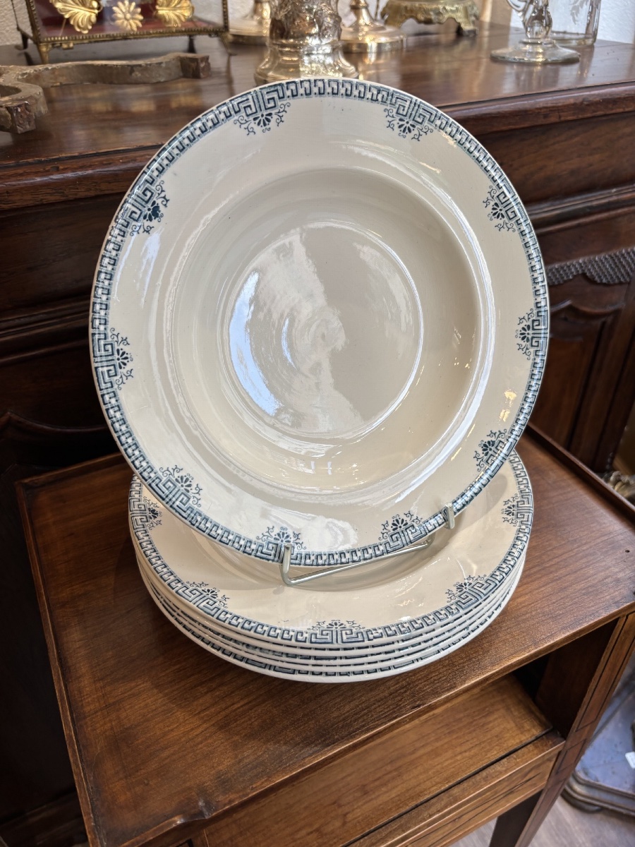 Set Of 6 Longwy Iron-glazed Soup Plates, "athens" Model, Circa 1900