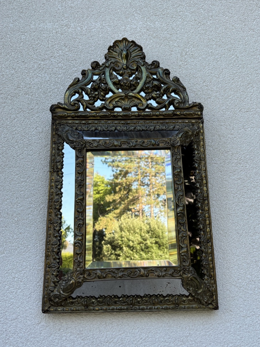 Antique Louis XIV-style Mirror With Pediment And Framing, 19th Century