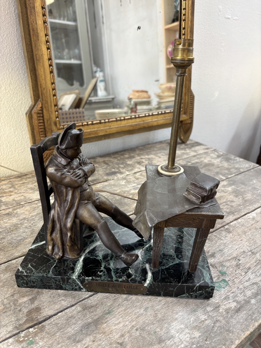Antique "on The Eve Of Battle" Napoleon Lamp By Carlier, Early 20th Century, Bronze And Marble Statue-photo-2