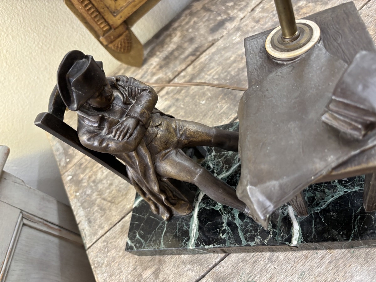 Antique "on The Eve Of Battle" Napoleon Lamp By Carlier, Early 20th Century, Bronze And Marble Statue-photo-2
