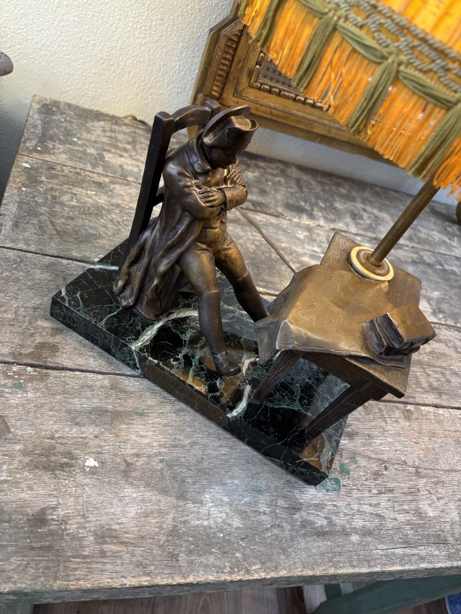 Antique "on The Eve Of Battle" Napoleon Lamp By Carlier, Early 20th Century, Bronze And Marble Statue-photo-4