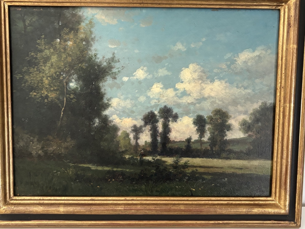 Ancien  petit tableau paysage champêtre, Epoque XIX Eme Huile sur panneau signé ciel et fleuve-photo-2