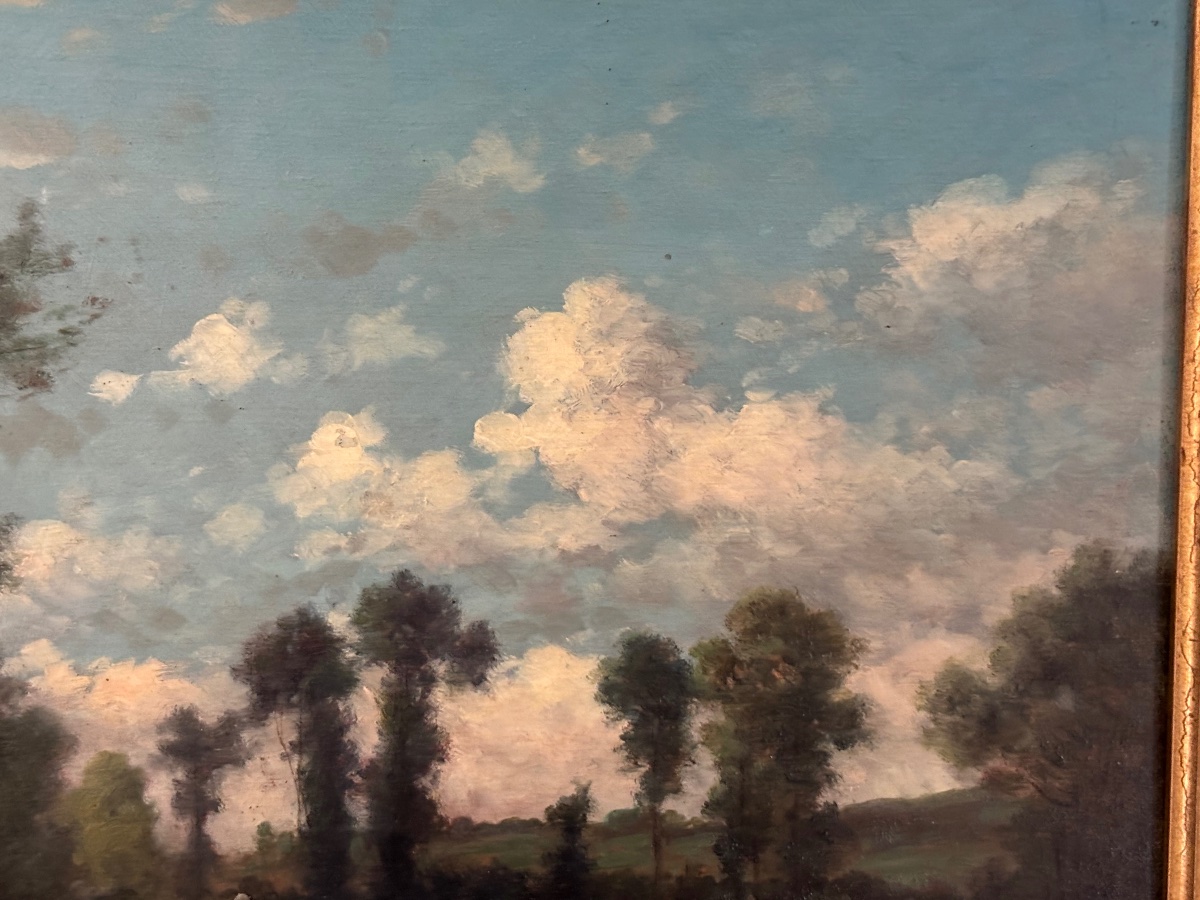 Ancien  petit tableau paysage champêtre, Epoque XIX Eme Huile sur panneau signé ciel et fleuve-photo-4