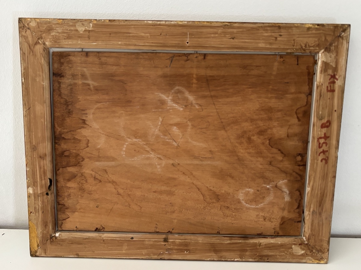 Ancien  petit tableau paysage champêtre, Epoque XIX Eme Huile sur panneau signé ciel et fleuve-photo-1
