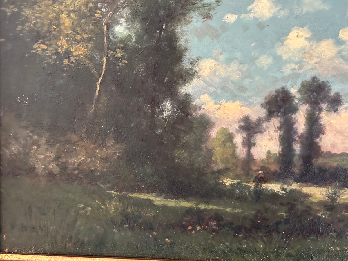Ancien  petit tableau paysage champêtre, Epoque XIX Eme Huile sur panneau signé ciel et fleuve-photo-2