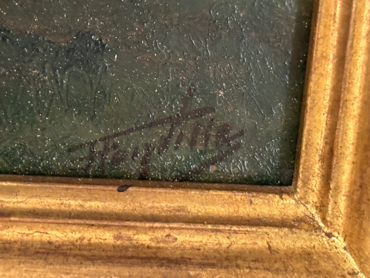 Ancien  petit tableau paysage champêtre, Epoque XIX Eme Huile sur panneau signé ciel et fleuve-photo-3