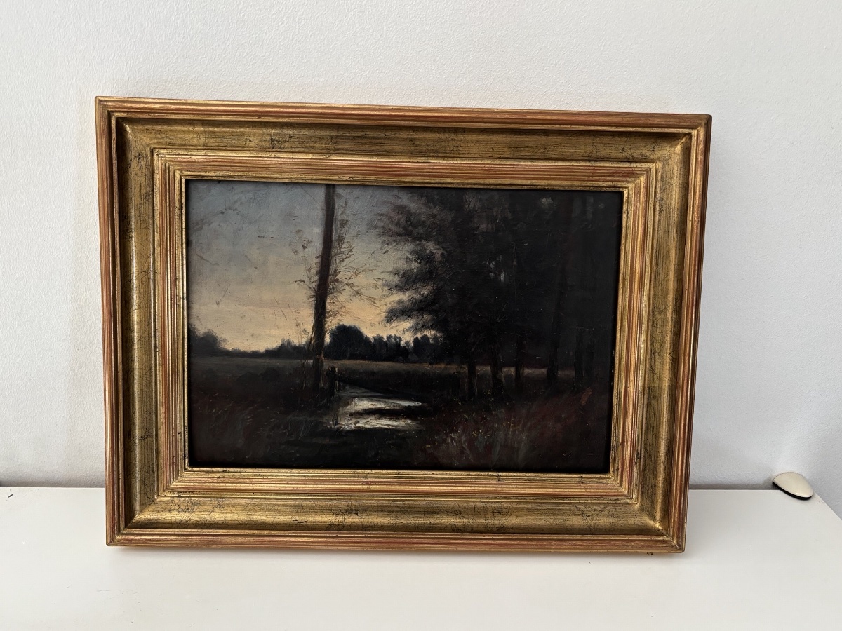 Antique Small Painting: *the Undergrowth*, Oil On Panel, 19th Century, -photo-3