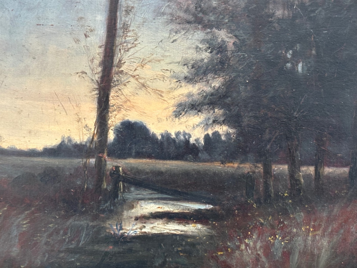 Antique Small Painting: *the Undergrowth*, Oil On Panel, 19th Century, -photo-1