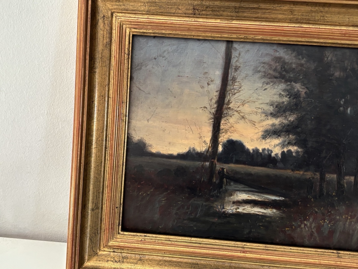 Antique Small Painting: *the Undergrowth*, Oil On Panel, 19th Century, -photo-3
