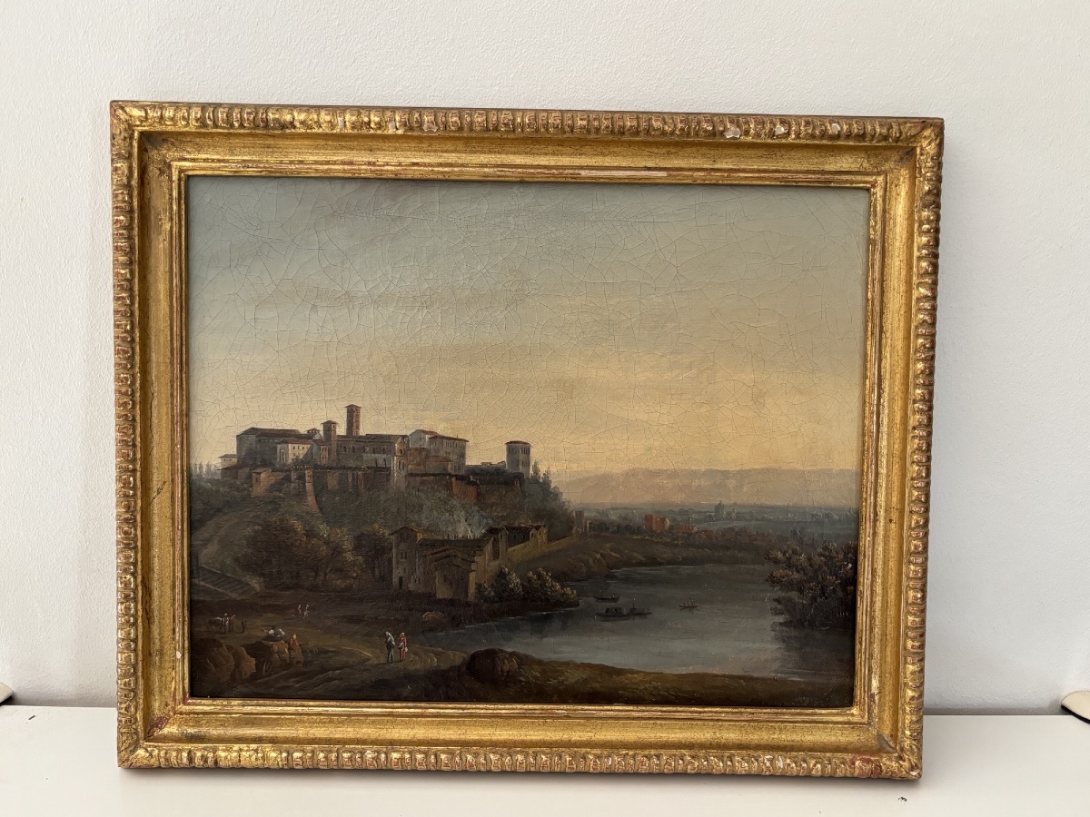 Ancien petit tableau à l'huile sur toile, école italienne vers 1820 grand tour Narni Italie