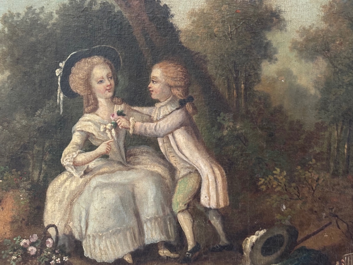 Ancien tableau huile sur toile époque XVIII eme siècle romantique Louis XV-photo-1