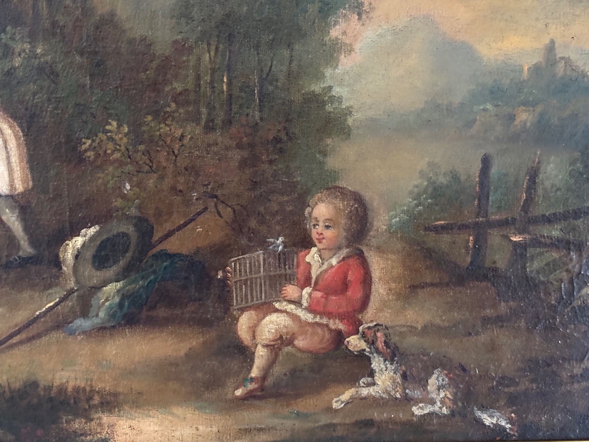 Ancien tableau huile sur toile époque XVIII eme siècle romantique Louis XV-photo-2