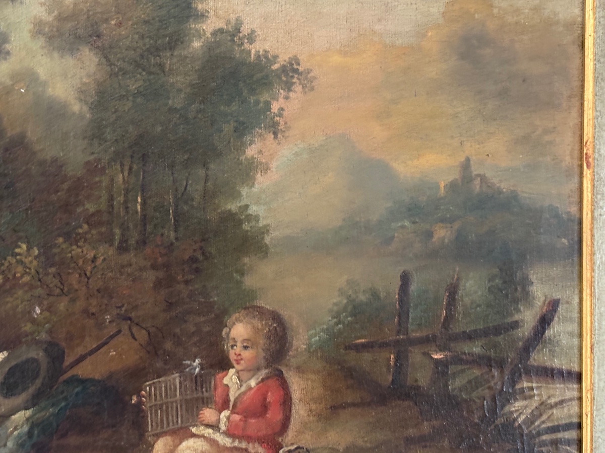 Ancien tableau huile sur toile époque XVIII eme siècle romantique Louis XV-photo-3