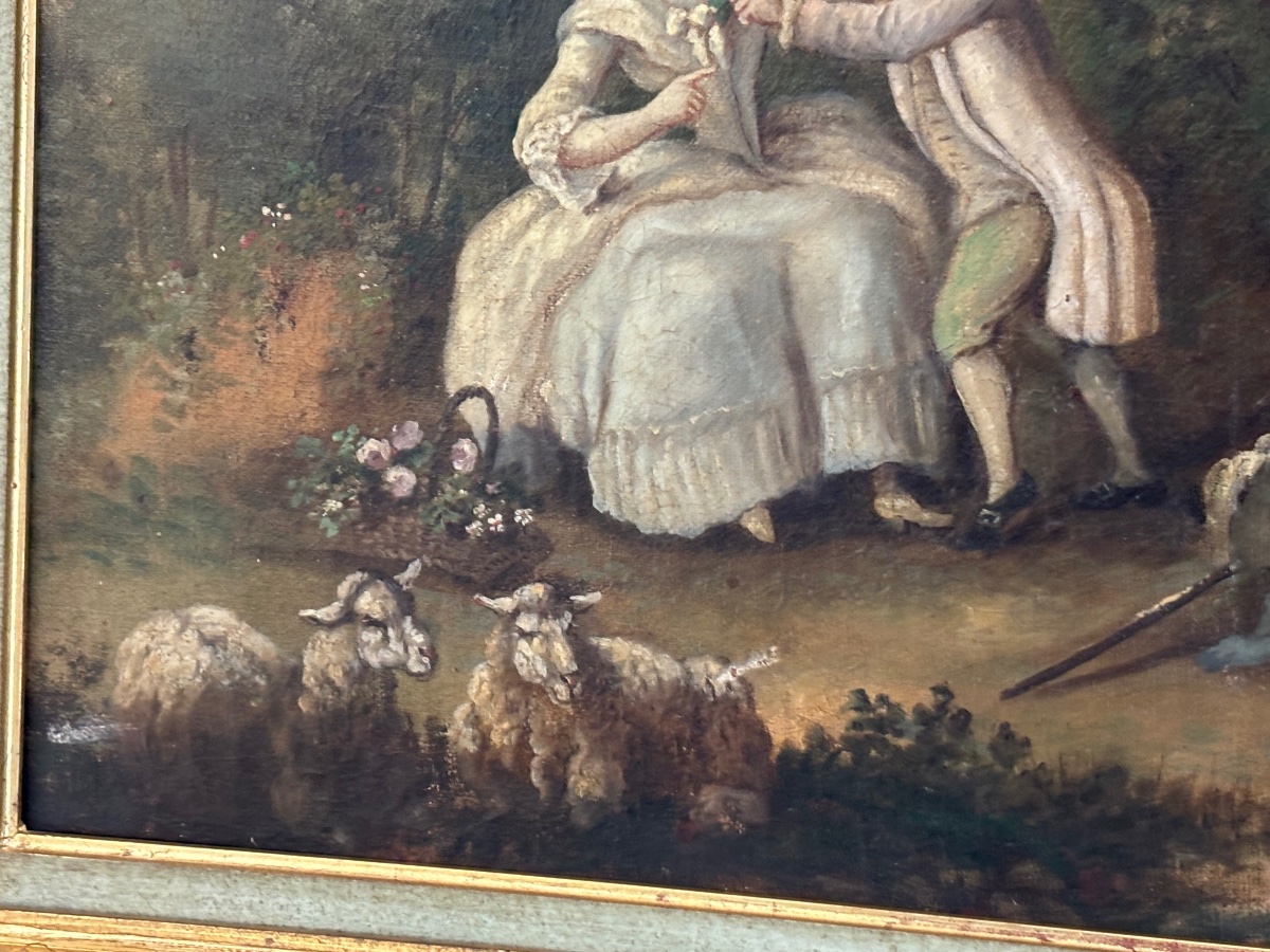 Ancien tableau huile sur toile époque XVIII eme siècle romantique Louis XV-photo-5