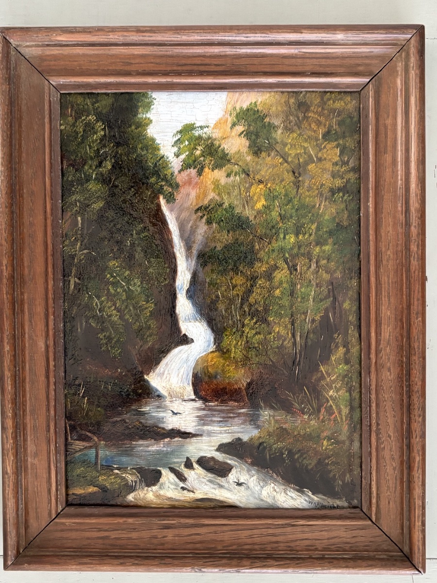 Ancien petit tableau Huile sur carton : une cascade en écosse XIX eme siècle naturaliste-photo-2