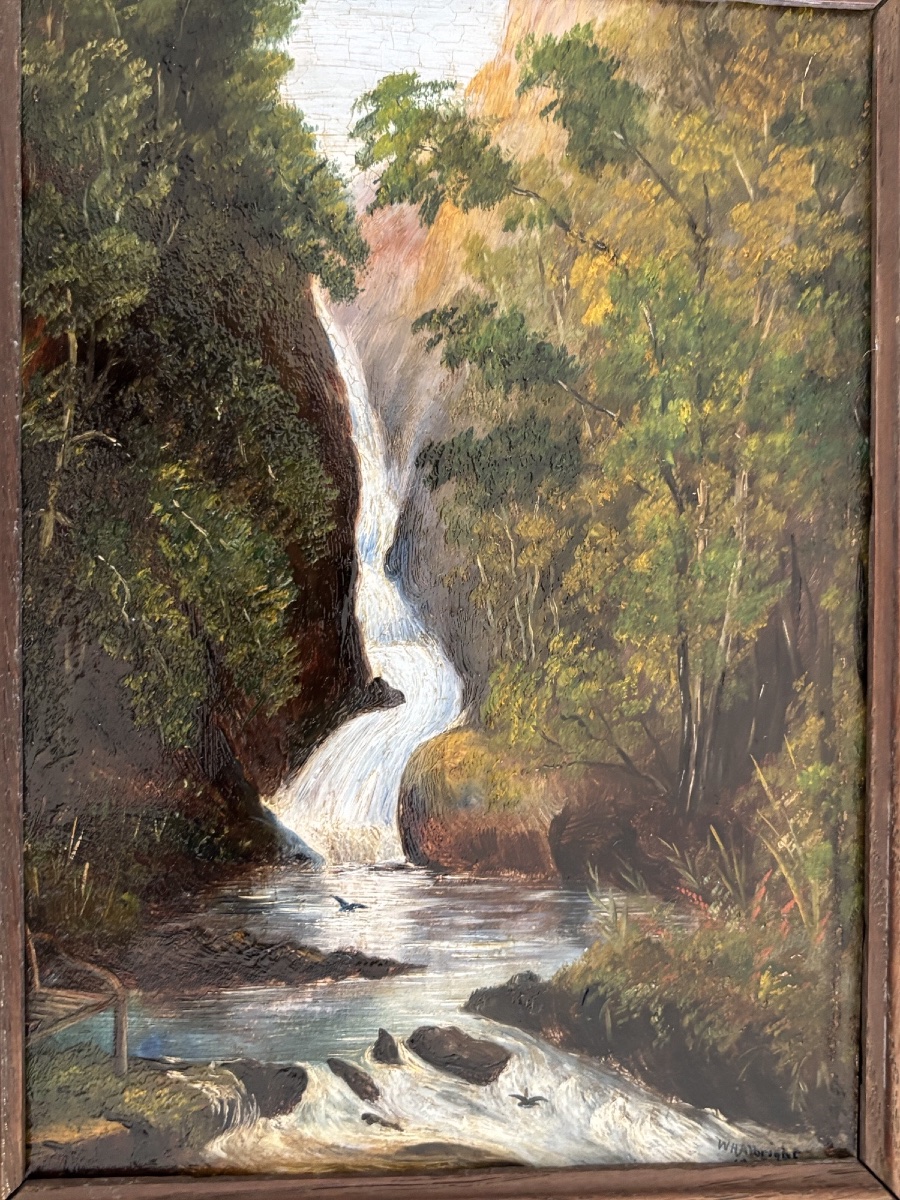 Ancien petit tableau Huile sur carton : une cascade en écosse XIX eme siècle naturaliste-photo-3