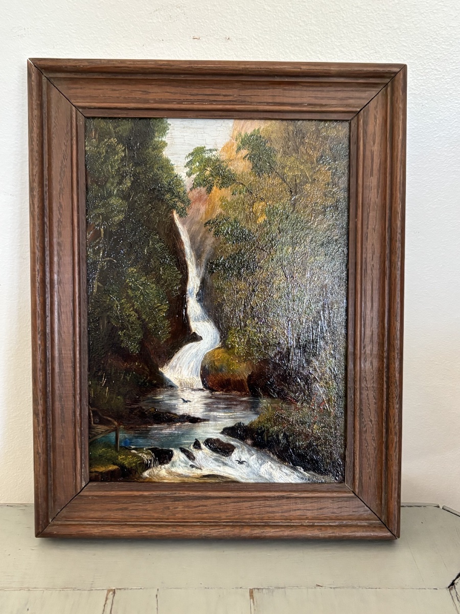 Ancien petit tableau Huile sur carton : une cascade en écosse XIX eme siècle naturaliste-photo-1