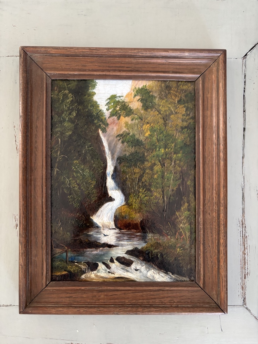 Ancien petit tableau Huile sur carton : une cascade en écosse XIX eme siècle naturaliste
