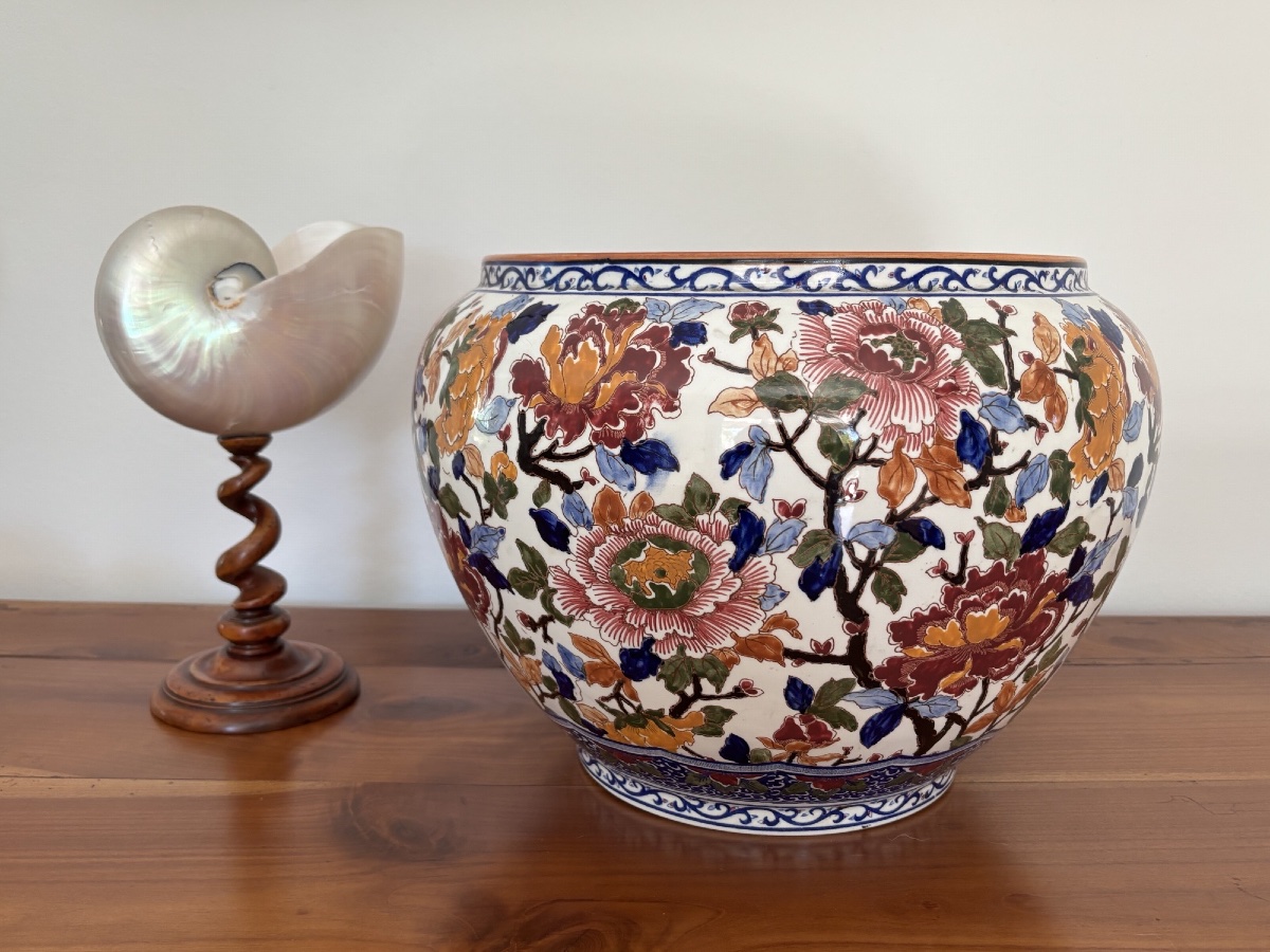Ancien grand cache pot en Gien modèlePivoine vers 1920-1940 Faïence -photo-2