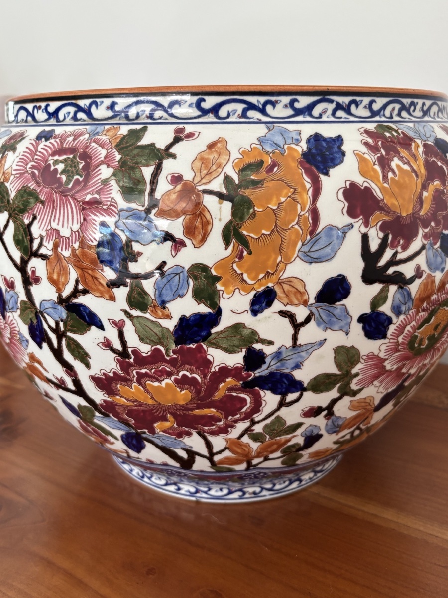 Ancien grand cache pot en Gien modèlePivoine vers 1920-1940 Faïence -photo-3
