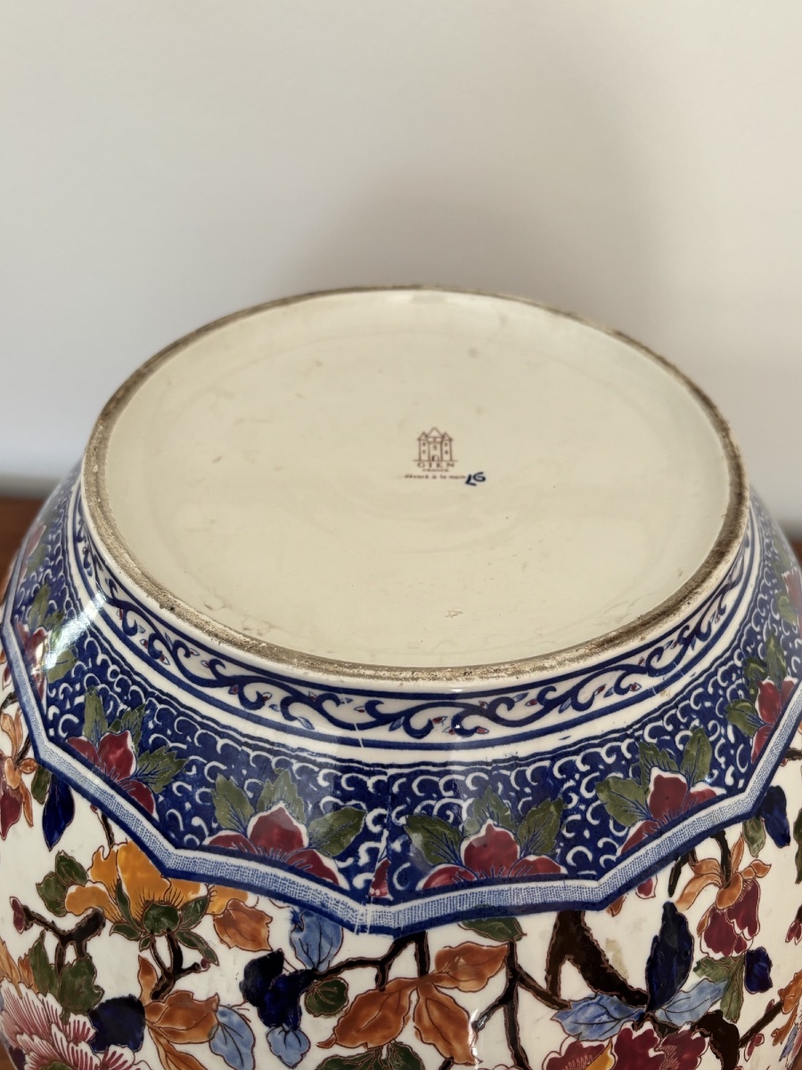 Ancien grand cache pot en Gien modèlePivoine vers 1920-1940 Faïence -photo-4