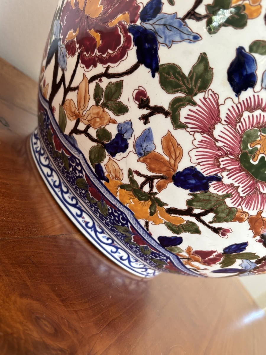 Ancien grand cache pot en Gien modèlePivoine vers 1920-1940 Faïence -photo-1