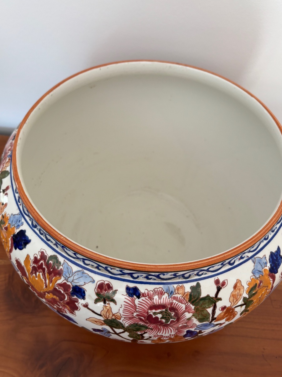 Ancien grand cache pot en Gien modèlePivoine vers 1920-1940 Faïence -photo-2