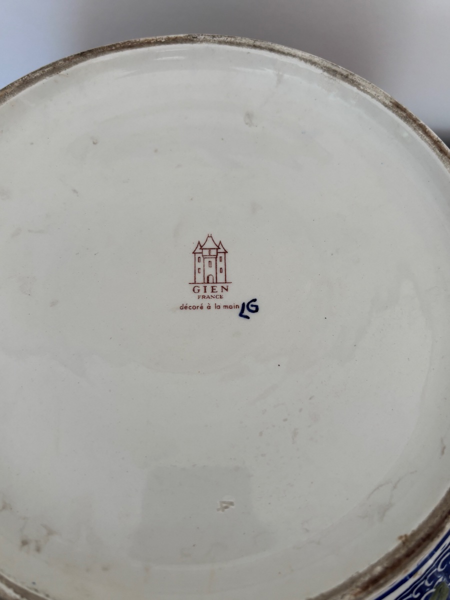 Ancien grand cache pot en Gien modèlePivoine vers 1920-1940 Faïence -photo-3