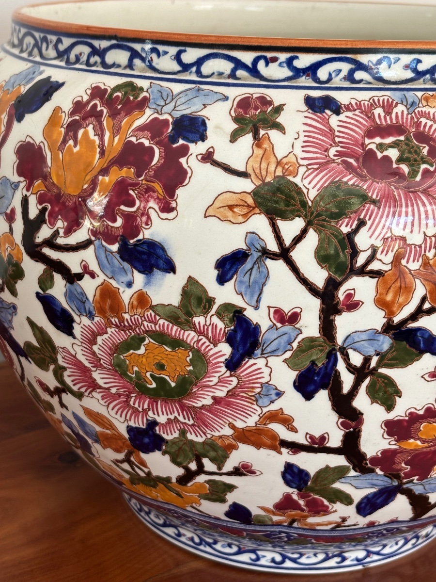 Ancien grand cache pot en Gien modèlePivoine vers 1920-1940 Faïence -photo-5