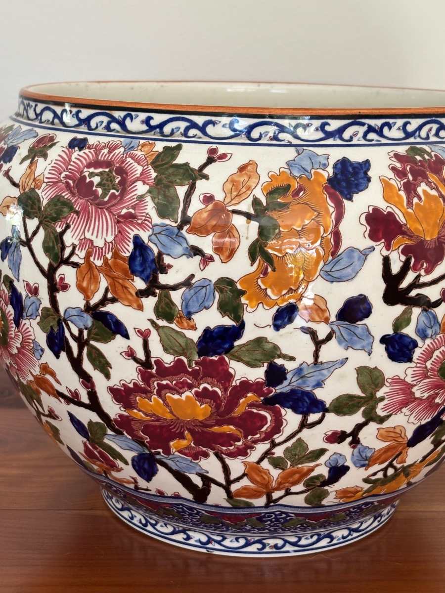 Ancien grand cache pot en Gien modèlePivoine vers 1920-1940 Faïence -photo-6