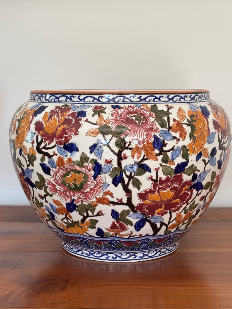 Ancien grand cache pot en Gien modèlePivoine vers 1920-1940 Faïence 