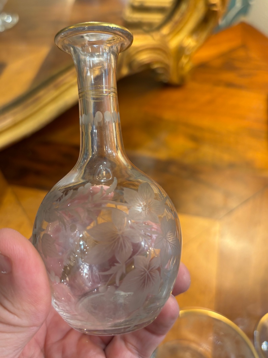 Partie de service de nuit en Baccarat Bonbonniere verre et fiole en cristal gravé vers 1900-photo-5