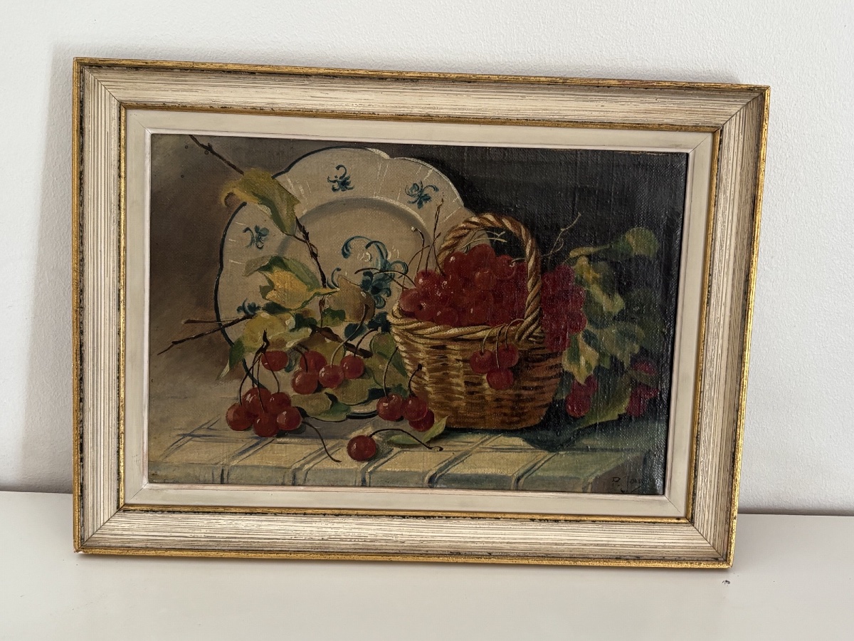 Ancien petit tableau nature morte par P Jouy le panier de cerises  vers 1900 paire possible-photo-3
