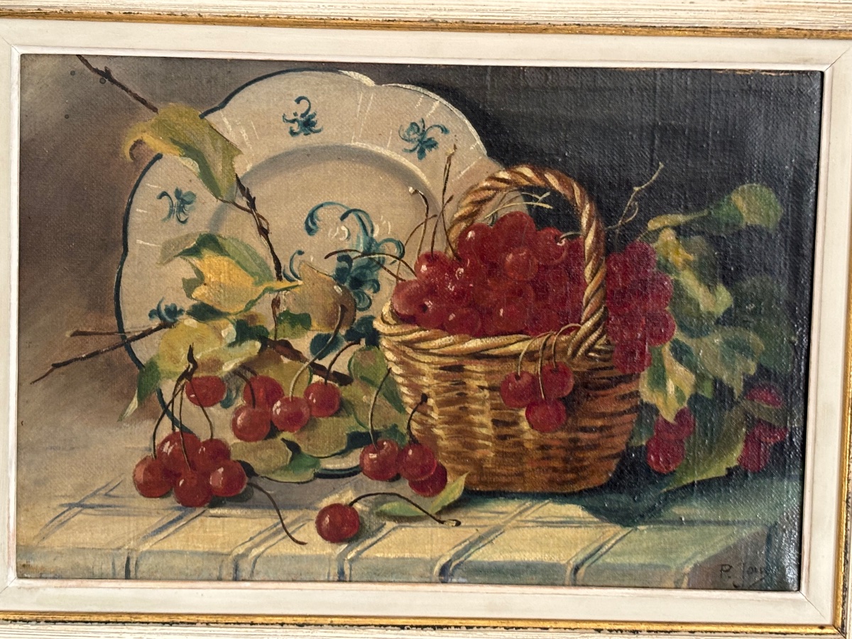 Ancien petit tableau nature morte par P Jouy le panier de cerises  vers 1900 paire possible-photo-2