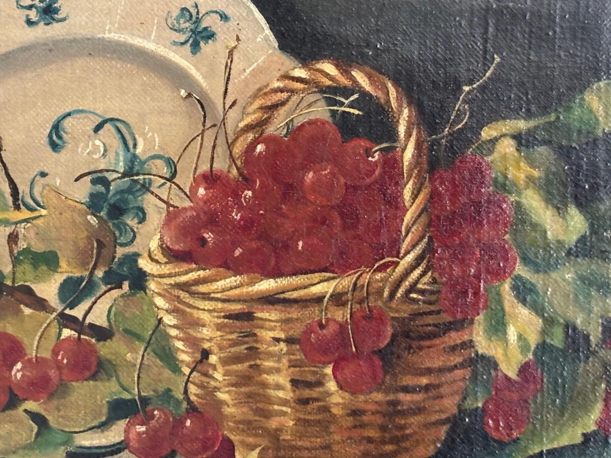 Ancien petit tableau nature morte par P Jouy le panier de cerises  vers 1900 paire possible-photo-3