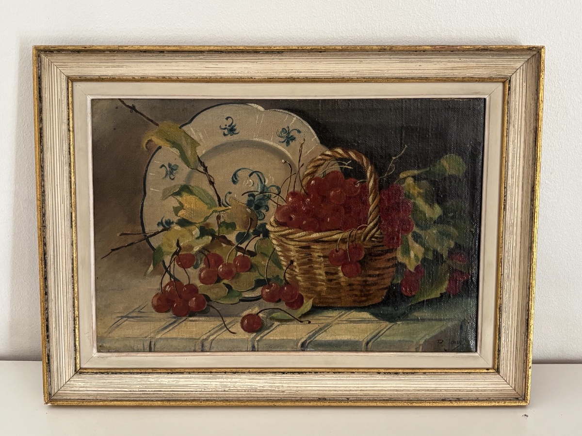 Ancien petit tableau nature morte par P Jouy le panier de cerises  vers 1900 paire possible
