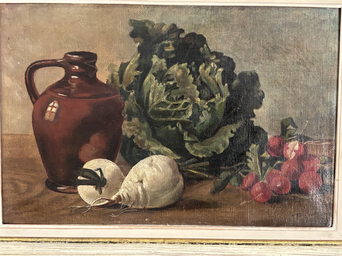 Ancien petit tableau nature morte par P Jouy Choux et Navets  vers 1900 paire possible huile -photo-2
