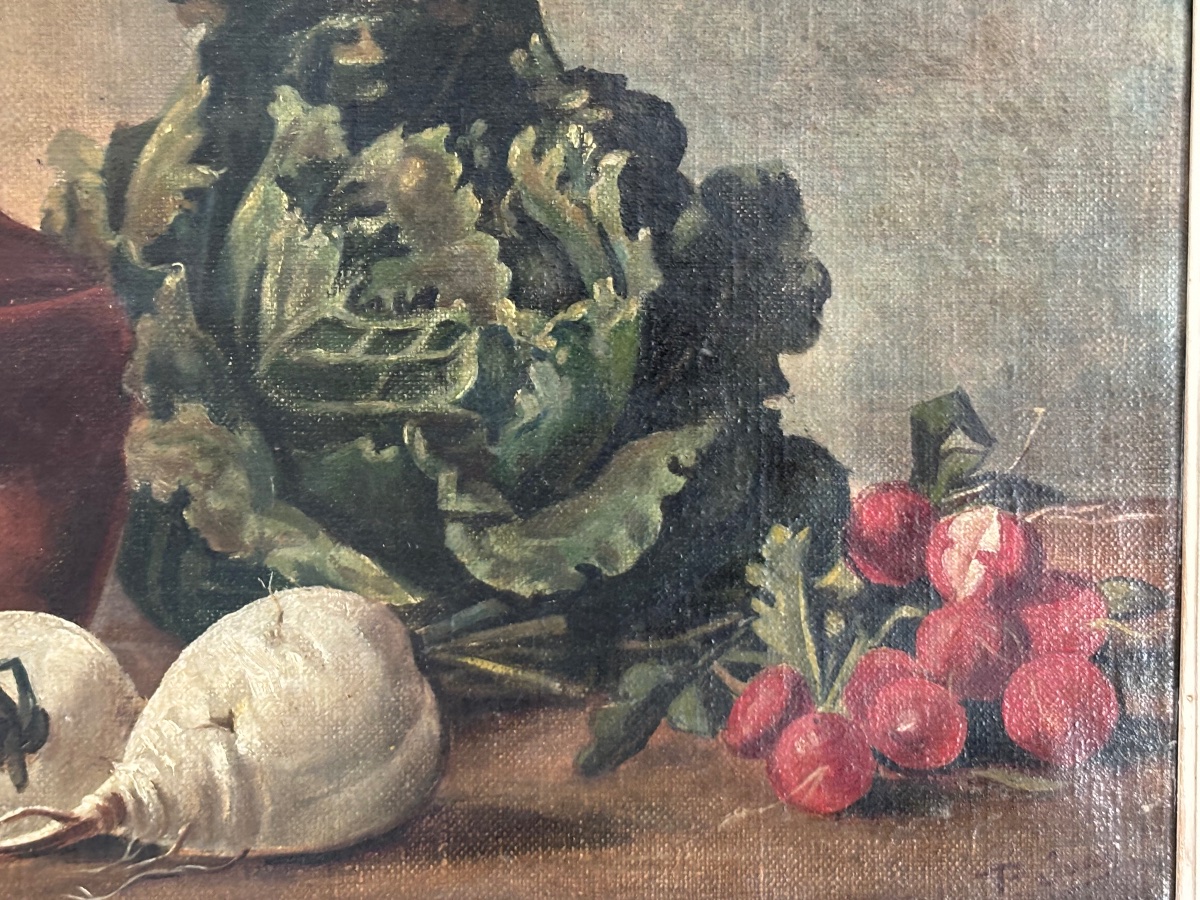 Ancien petit tableau nature morte par P Jouy Choux et Navets  vers 1900 paire possible huile -photo-3