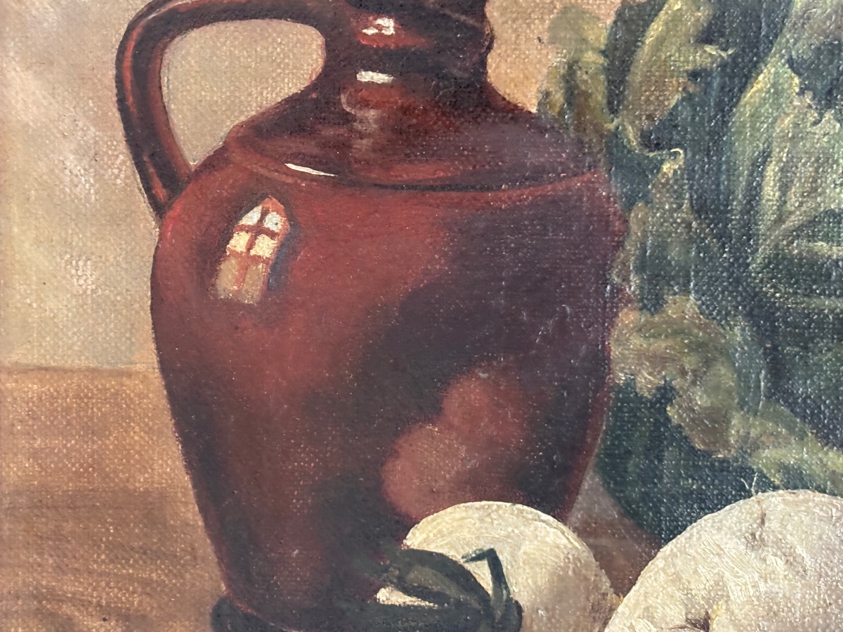 Ancien petit tableau nature morte par P Jouy Choux et Navets  vers 1900 paire possible huile -photo-4