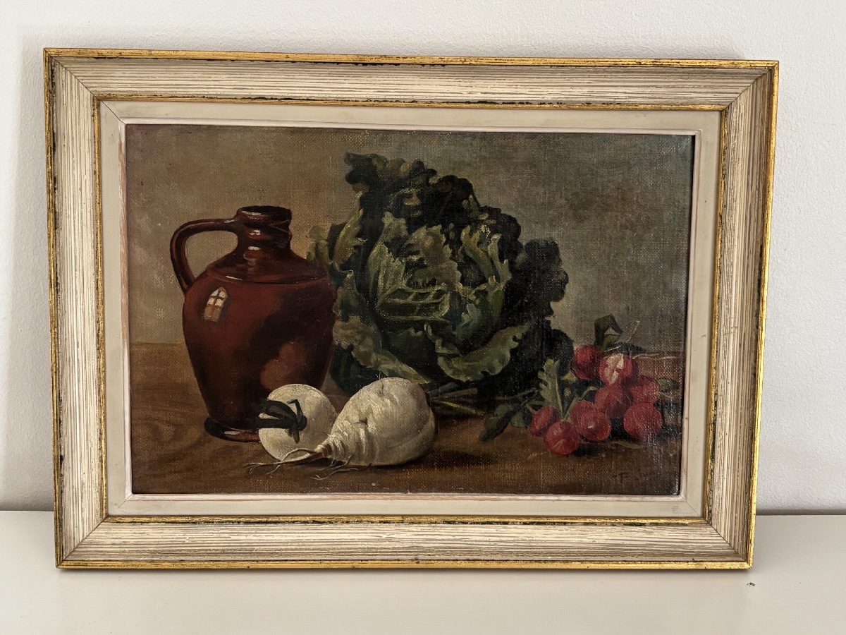 Ancien petit tableau nature morte par P Jouy Choux et Navets  vers 1900 paire possible huile -photo-2