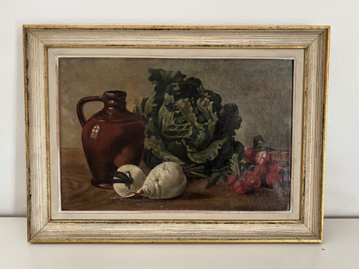 Ancien petit tableau nature morte par P Jouy Choux et Navets  vers 1900 paire possible huile 
