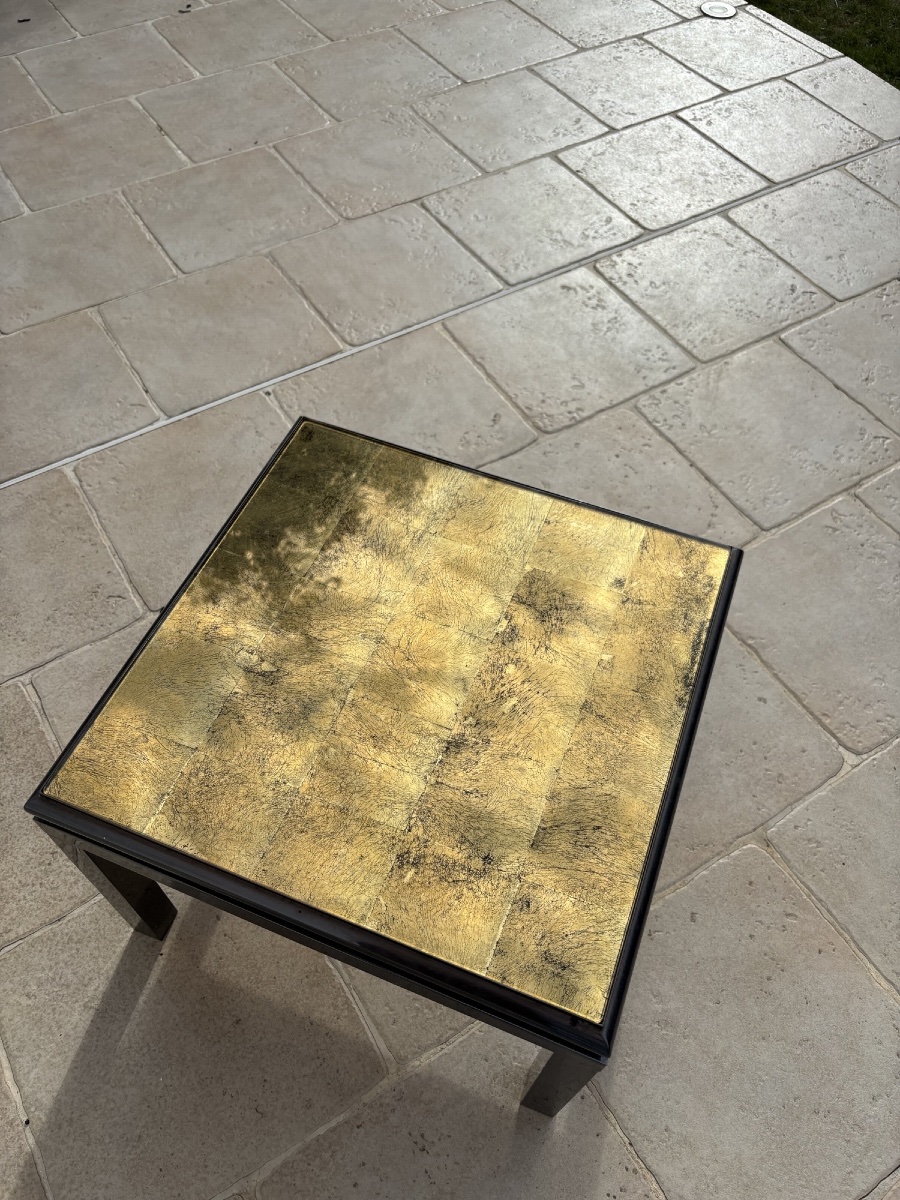 TABLE BASSE BOUT CANAPE À LA FEUILLE D OR , MAISON JANSEN PAR GUY LEFEVRE VINTAGE XX EME-photo-4