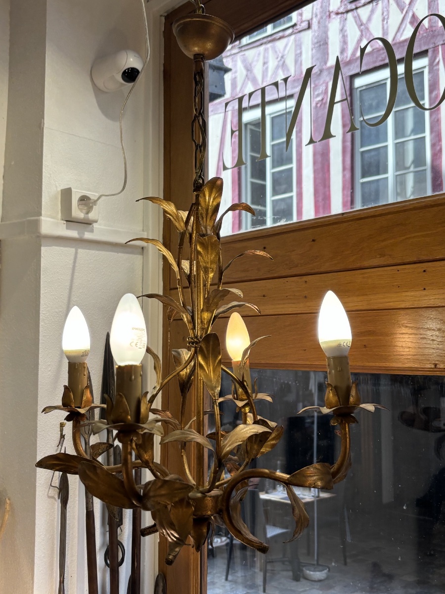 Antique 4-light Gilded Metal Chandelier With A Mid-20th-century Naturalistic Floral Design-photo-2