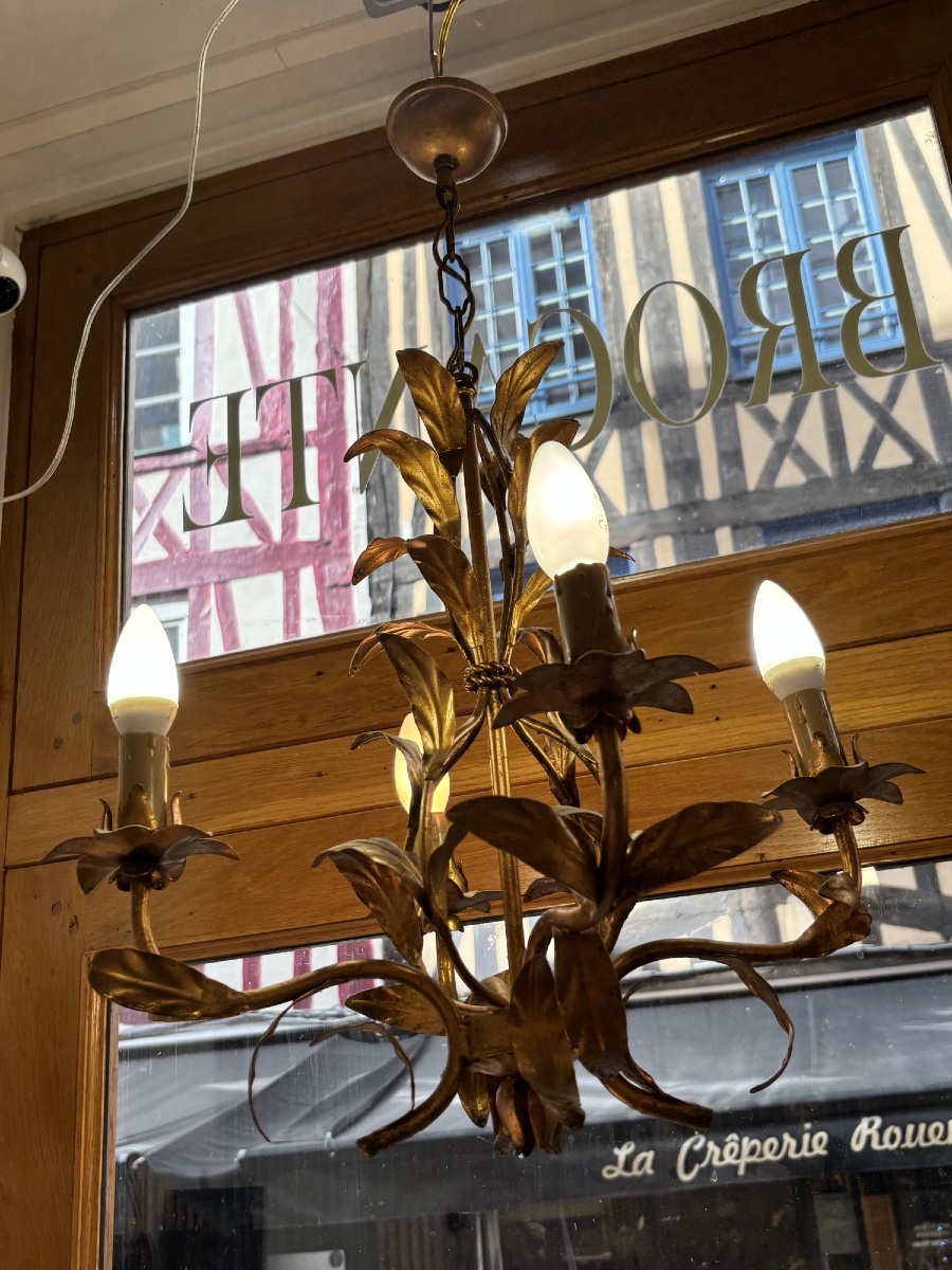 Antique 4-light Gilded Metal Chandelier With A Mid-20th-century Naturalistic Floral Design-photo-4