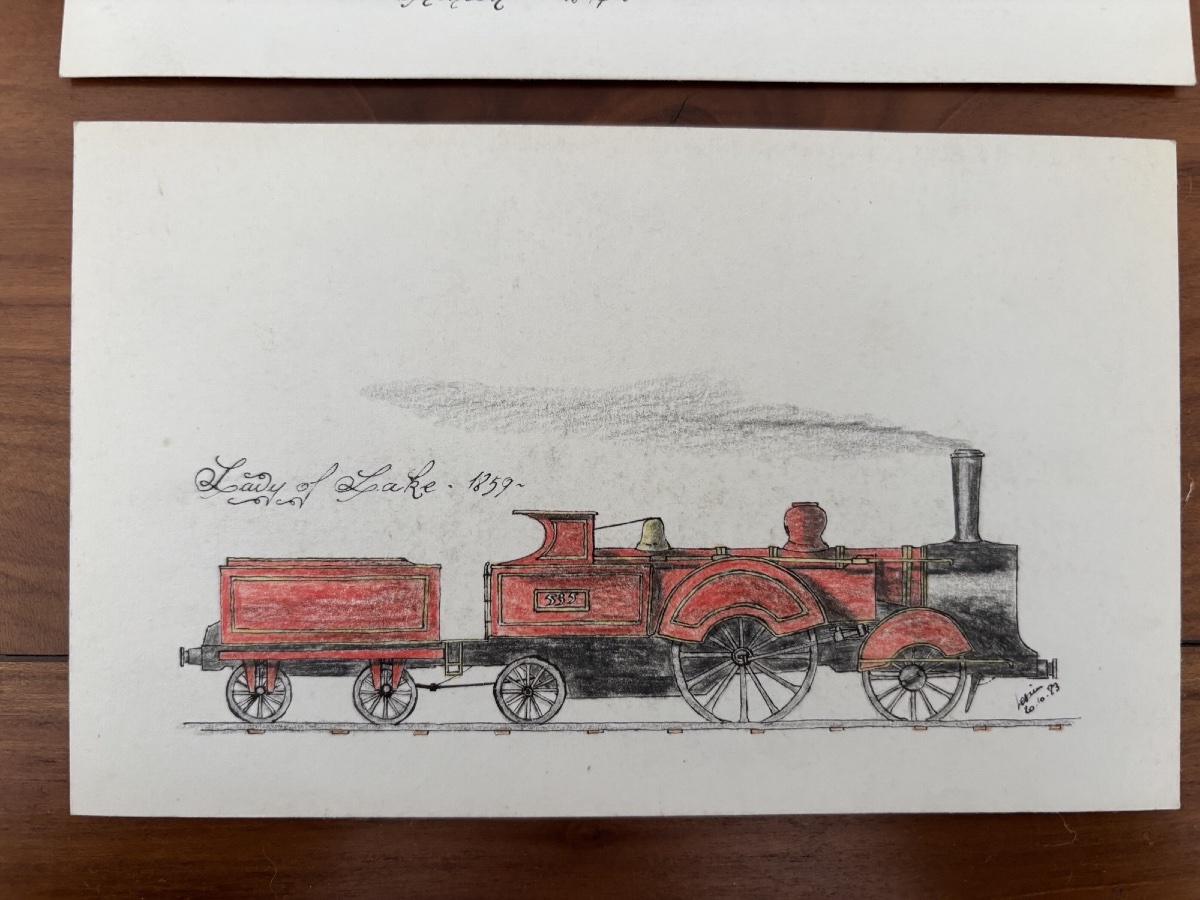 Ensemble de 3 dessins de locomotive rehaussé époque XIX eme siècle train ferrovipathie-photo-2