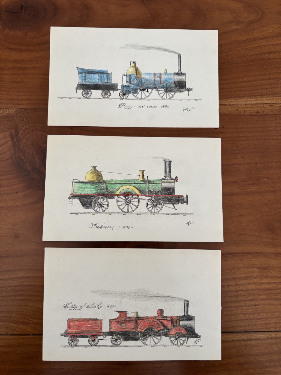 Ensemble de 3 dessins de locomotive rehaussé époque XIX eme siècle train ferrovipathie